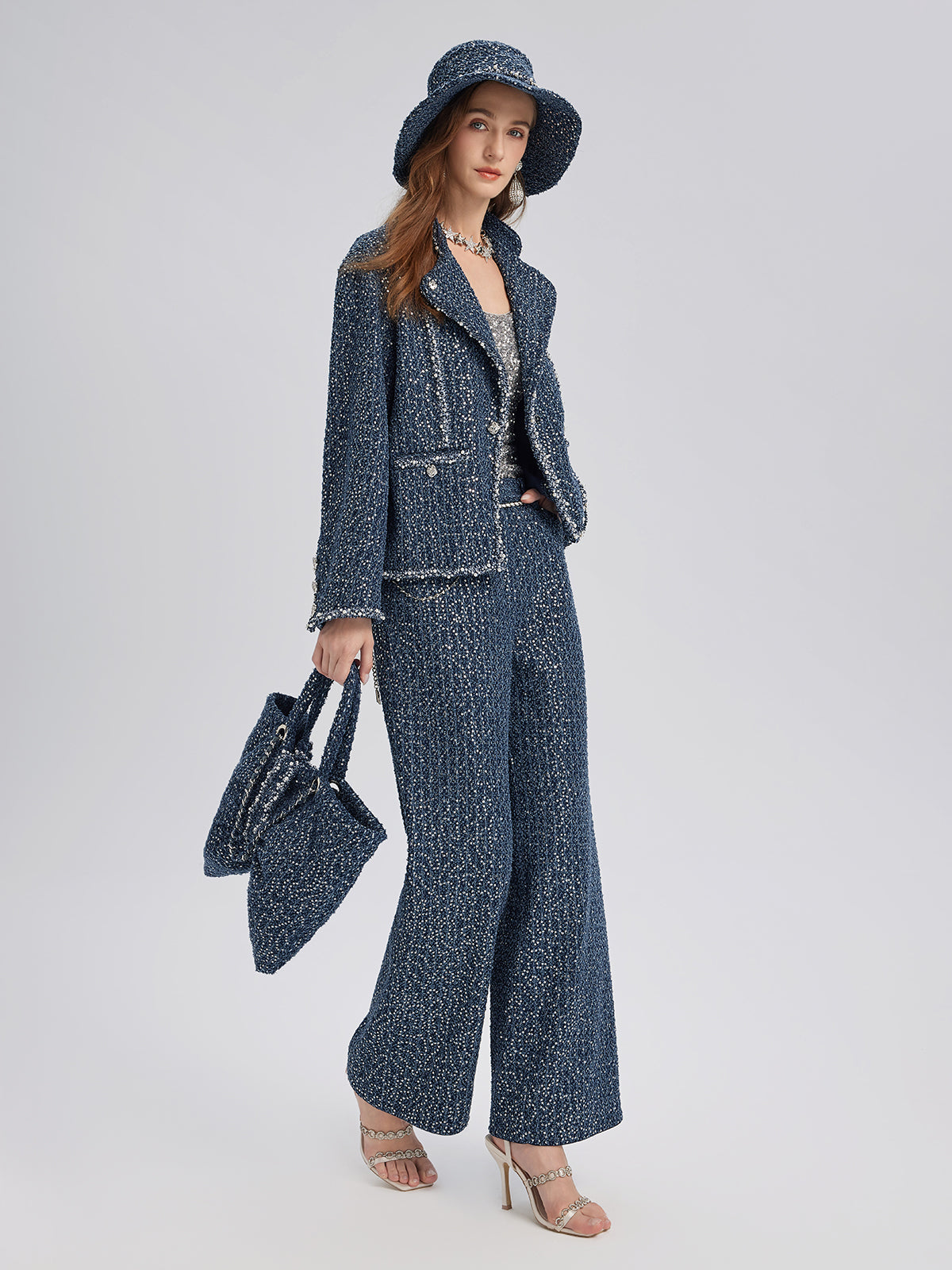 Sequined Denim-Look Tweed Hand-Beaded Pants