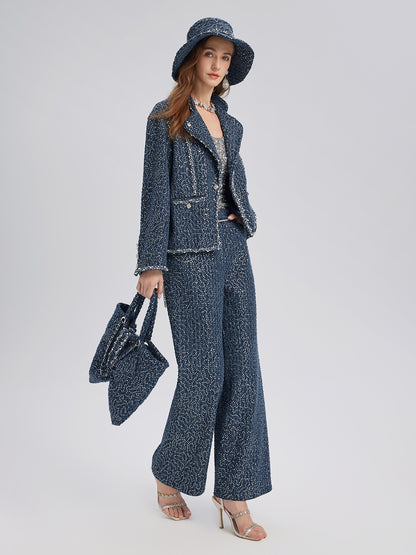Sequined Denim-Look Tweed Hand-Beaded Pants