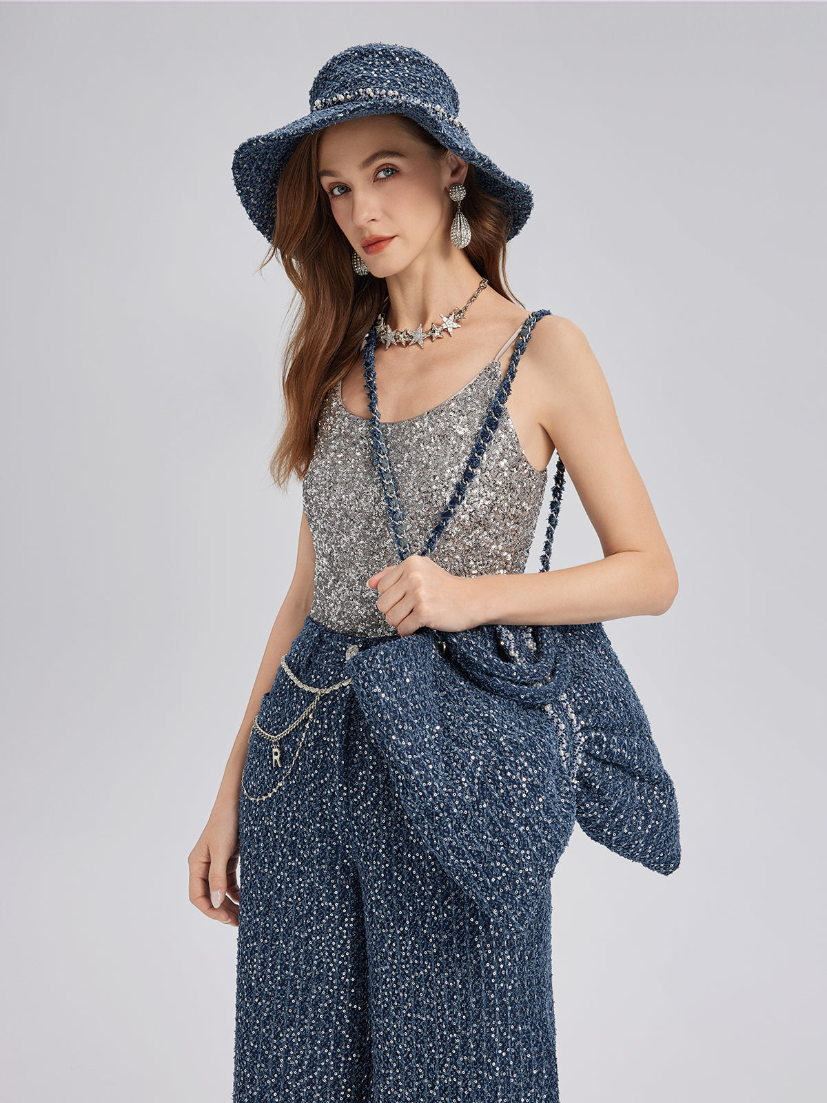 Hand-Beaded Sequin Tweed Shoulder Bag