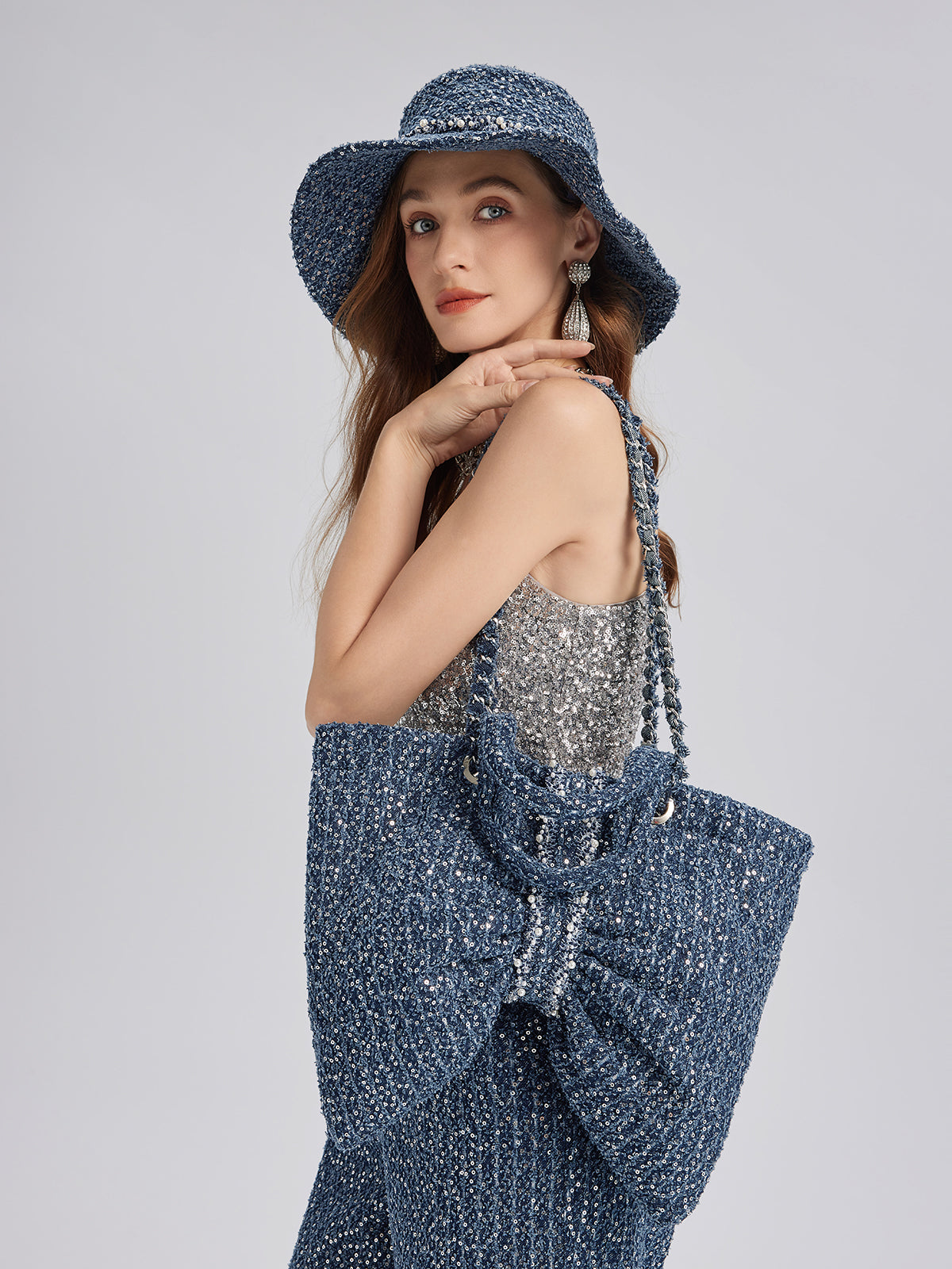 Hand-Beaded Sequin Tweed Shoulder Bag