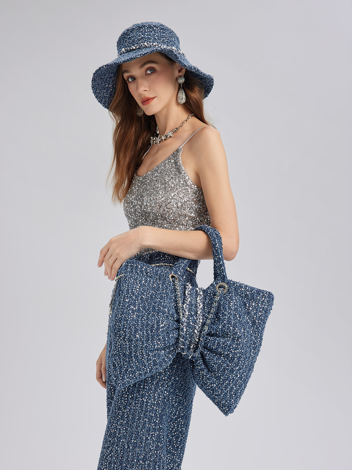 Hand-Beaded Sequin Tweed Shoulder Bag