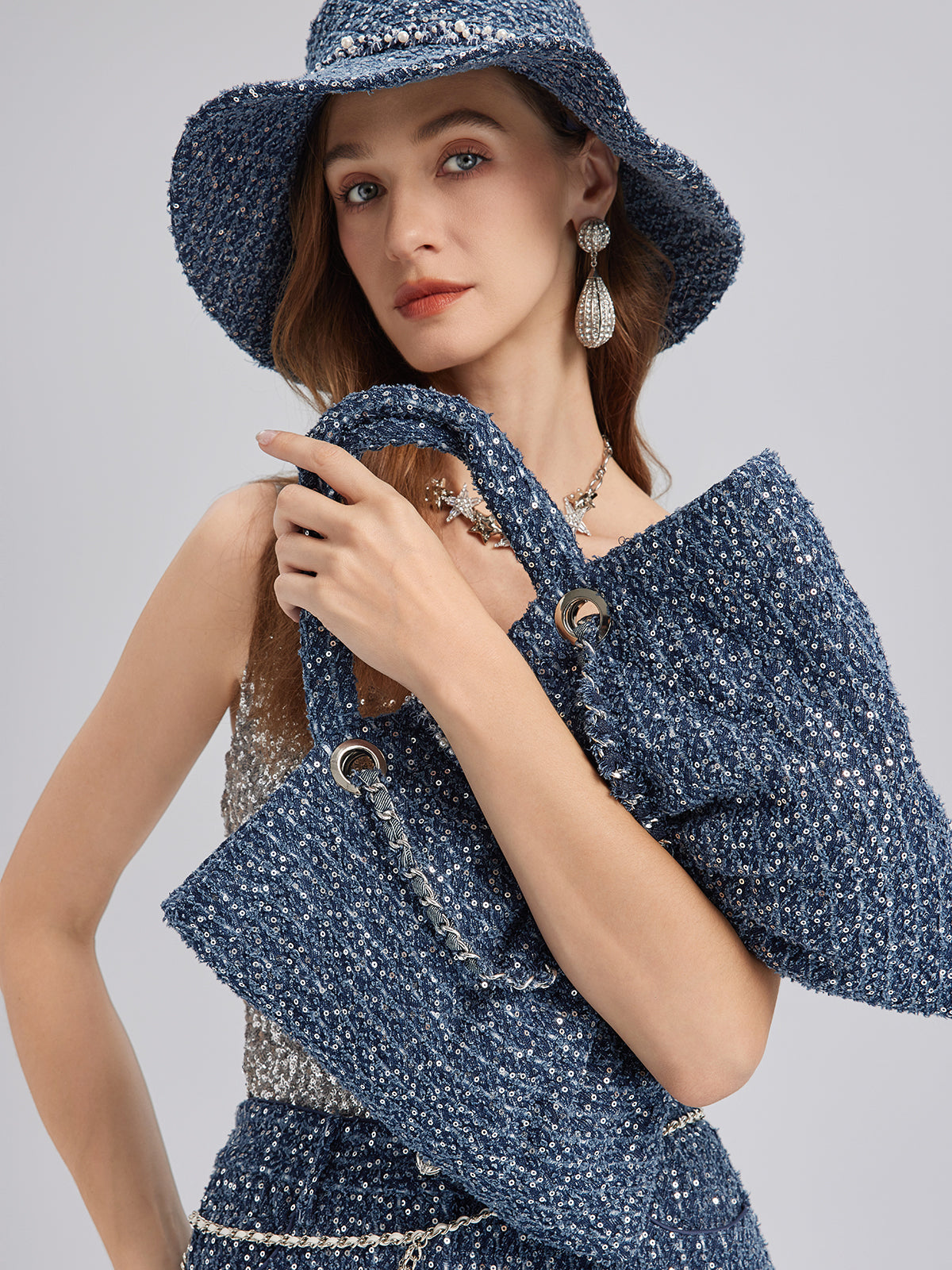 Hand-Beaded Sequin Tweed Shoulder Bag