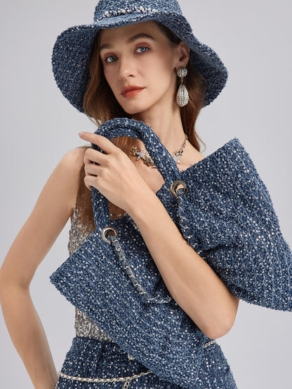 Hand-Beaded Sequin Tweed Beaded Hat