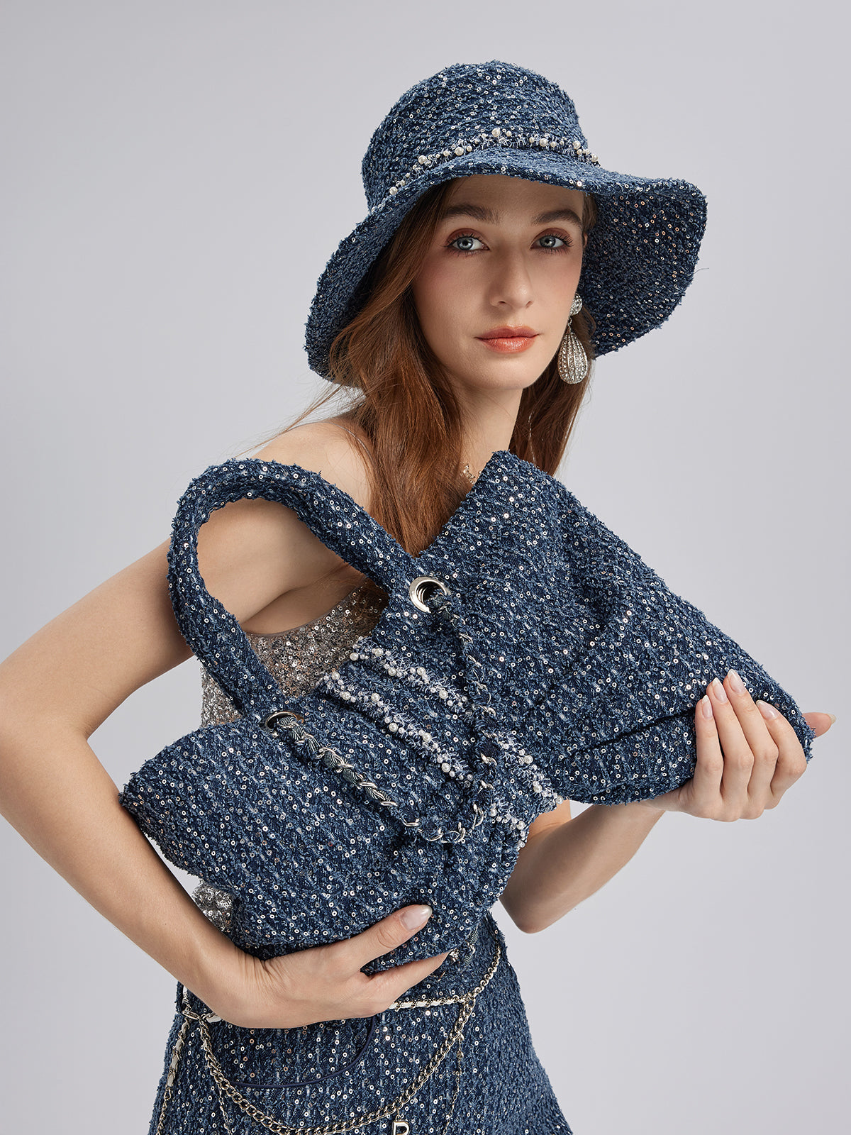 Hand-Beaded Sequin Tweed Shoulder Bag