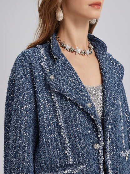 Sequined Denim-Look Tweed Hand-Beaded Jacket