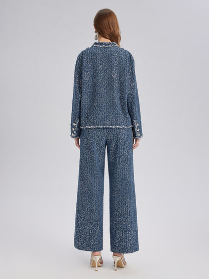 Sequined Denim-Look Tweed Hand-Beaded Pants