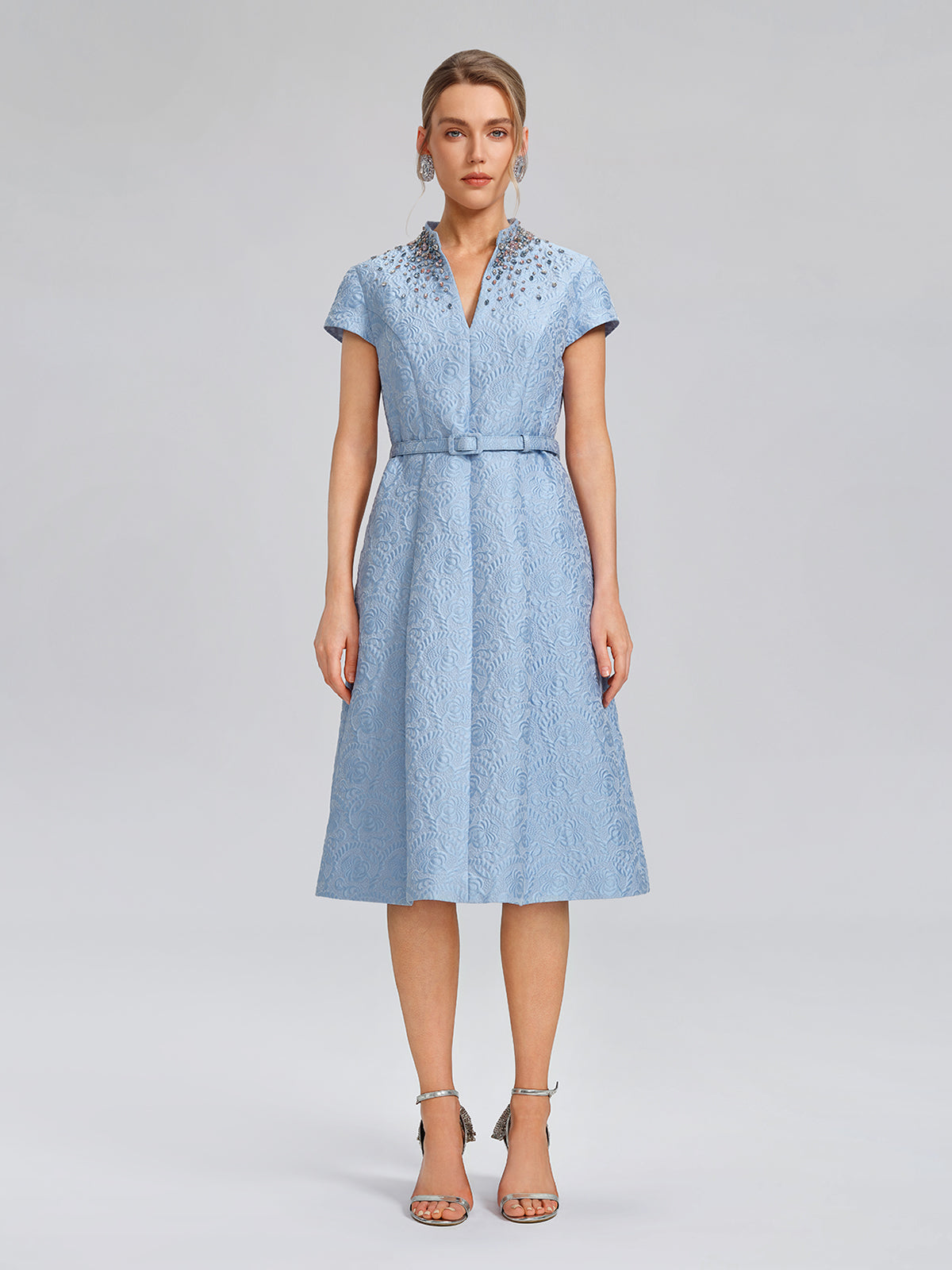 Hand-Beaded Crystal Jacquard A-Line Dress (Belt Included)