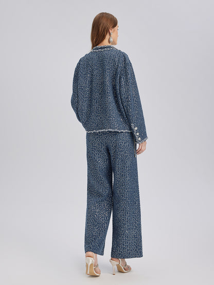 Sequined Denim-Look Tweed Hand-Beaded Pants