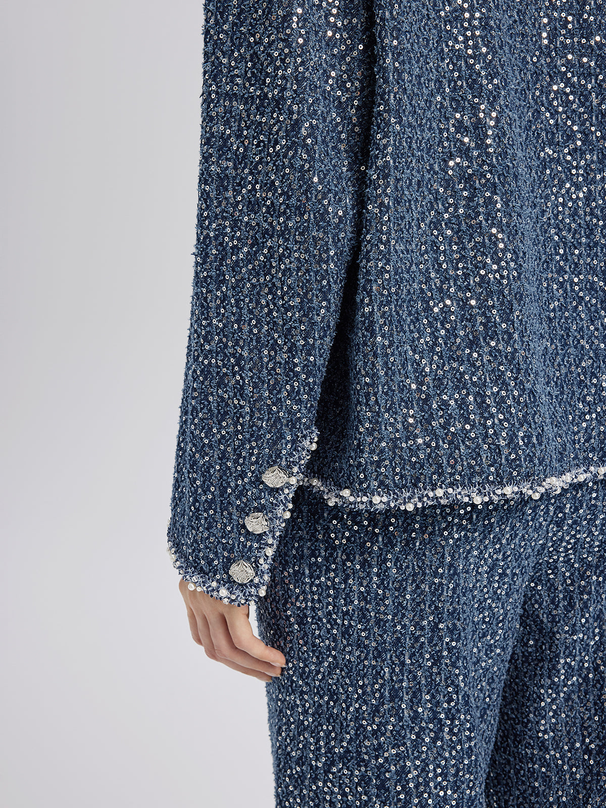 Sequined Denim-Look Tweed Hand-Beaded Jacket