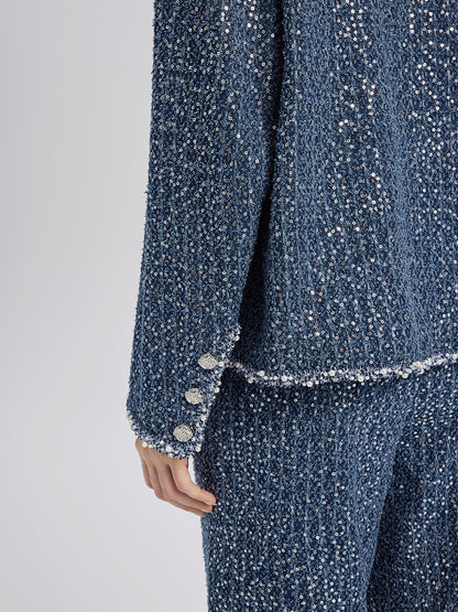 Sequined Denim-Look Tweed Hand-Beaded Jacket