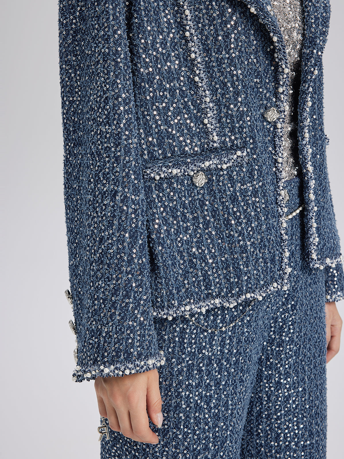 Sequined Denim-Look Tweed Hand-Beaded Jacket