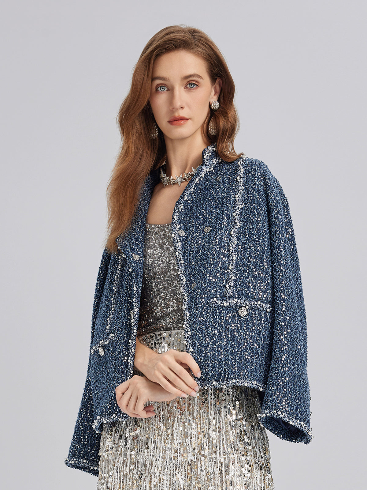 Sequined Denim-Look Tweed Hand-Beaded Jacket