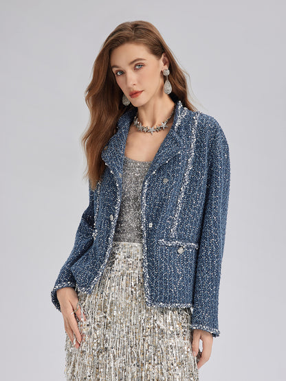 Sequined Denim-Look Tweed Hand-Beaded Jacket