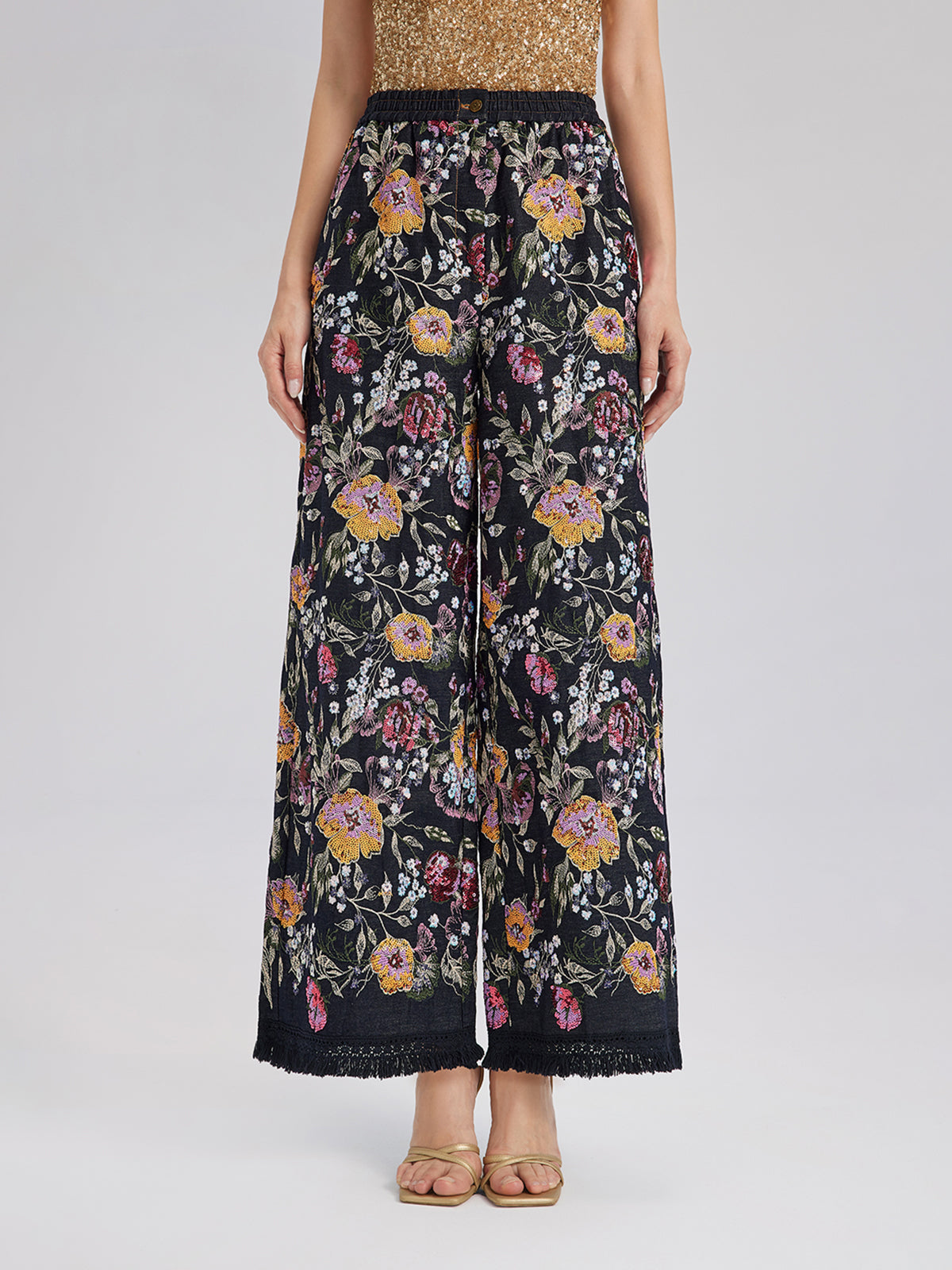 Sequin-Embroidered Denim Raw-Edge Pants