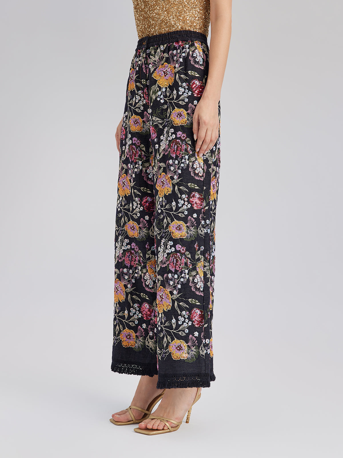 Sequin-Embroidered Denim Raw-Edge Pants