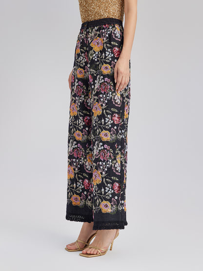 Sequin-Embroidered Denim Raw-Edge Pants