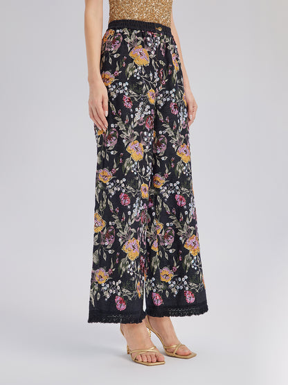 Sequin-Embroidered Denim Raw-Edge Pants