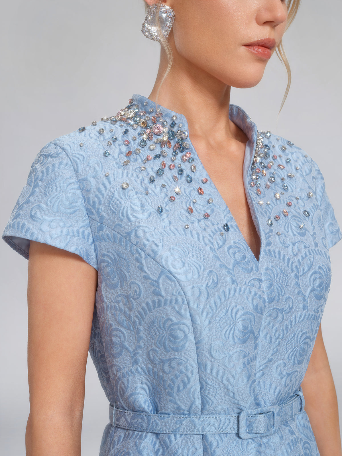 Hand-Beaded Crystal Jacquard A-Line Dress (Belt Included)