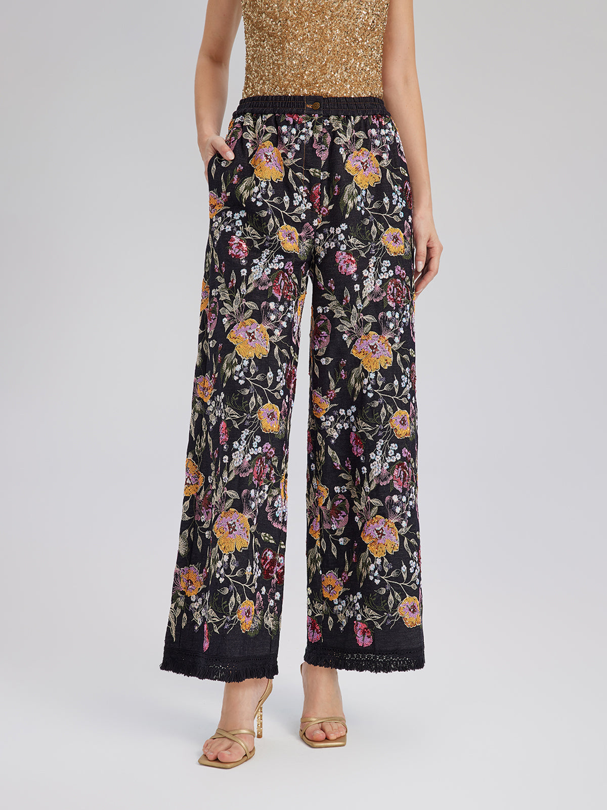 Sequin-Embroidered Denim Raw-Edge Pants