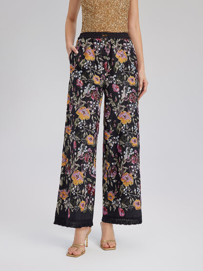 Sequin-Embroidered Denim Raw-Edge Pants