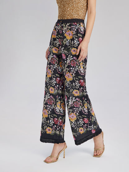 Sequin-Embroidered Denim Raw-Edge Pants