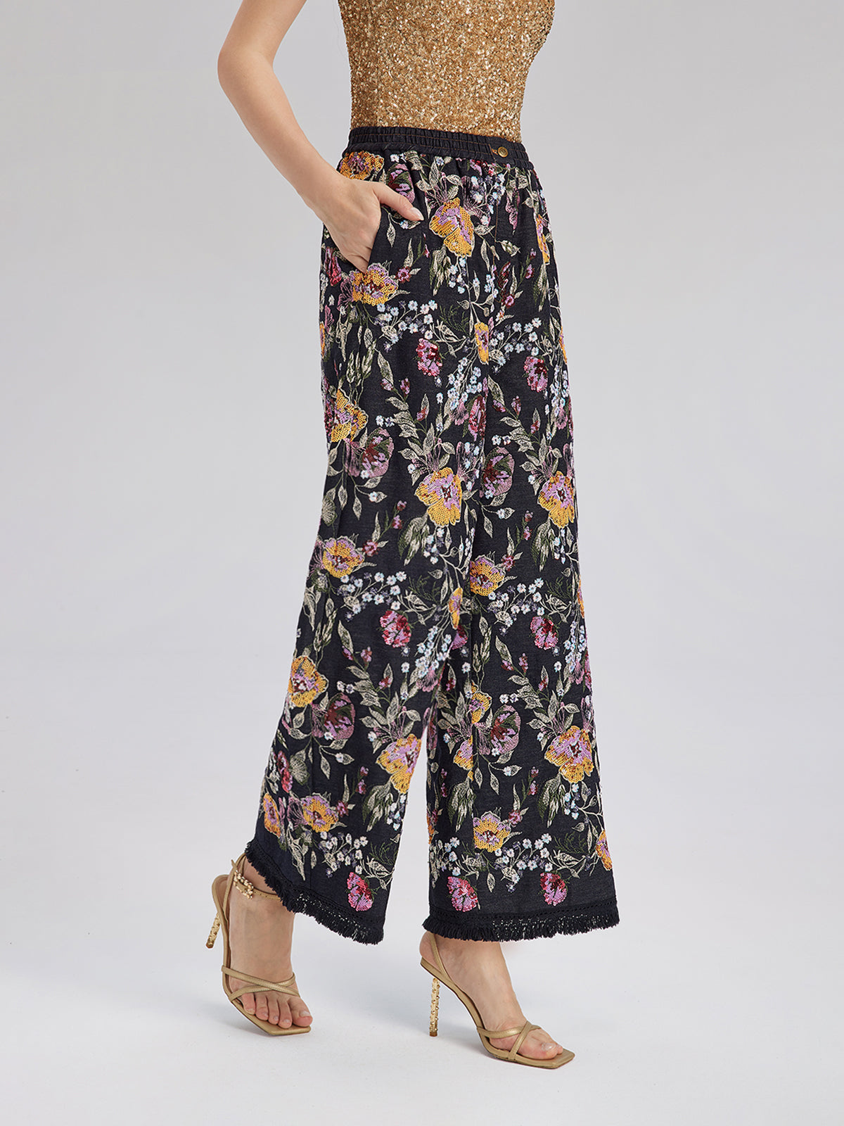 Sequin-Embroidered Denim Raw-Edge Pants