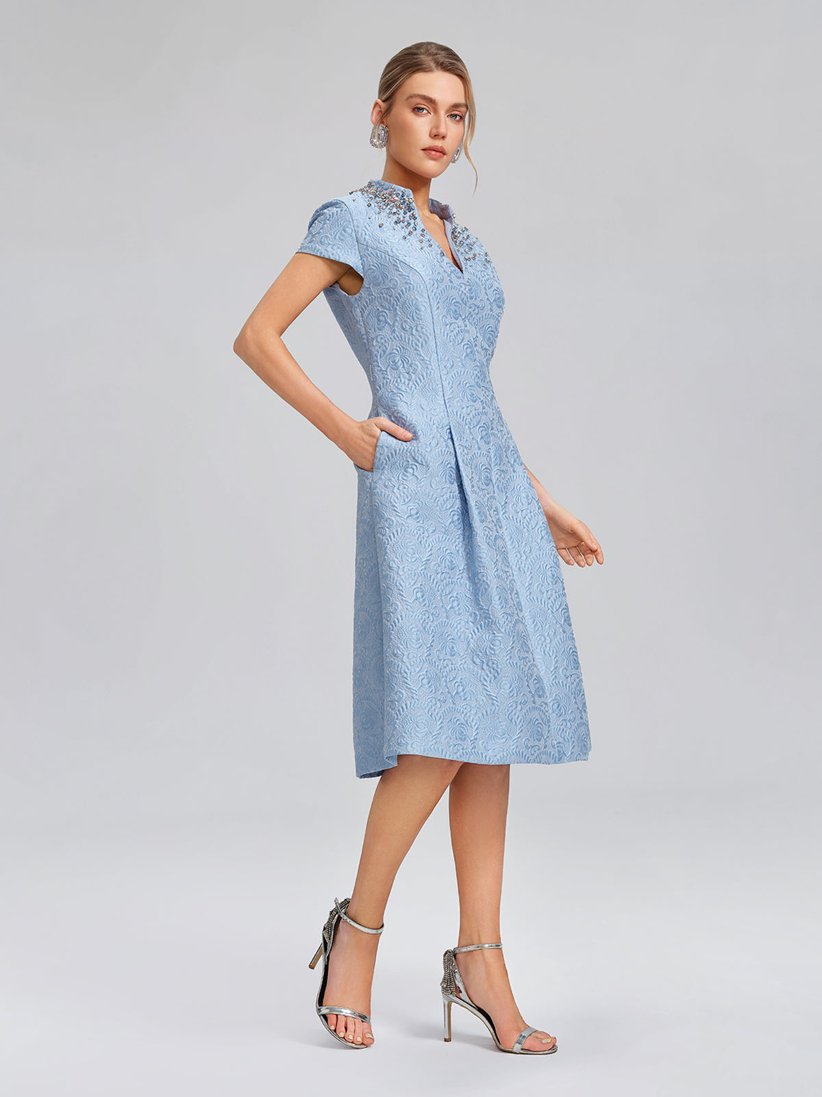 Hand-Beaded Crystal Jacquard A-Line Dress (Belt Included)