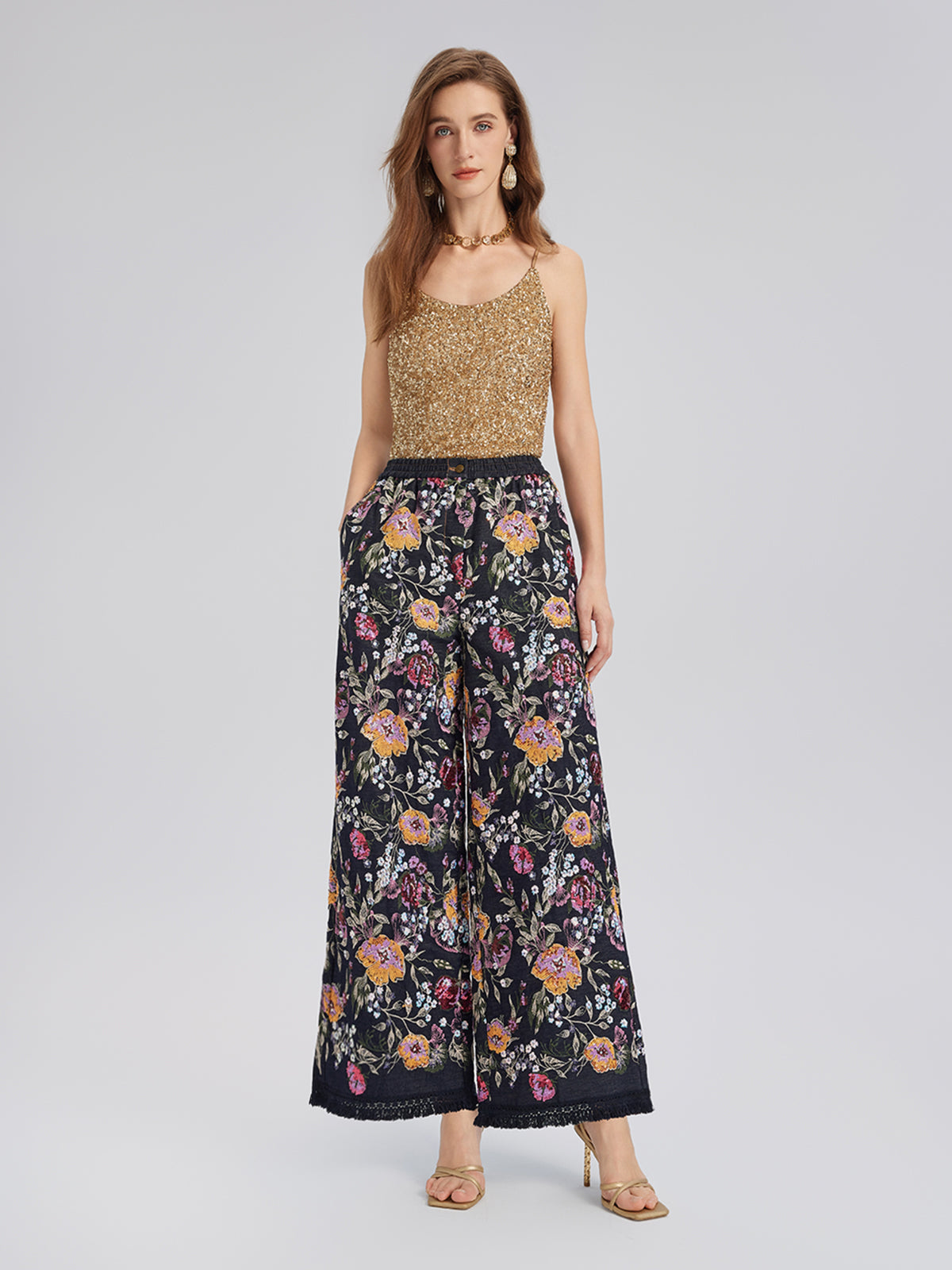 Sequin-Embroidered Denim Raw-Edge Pants