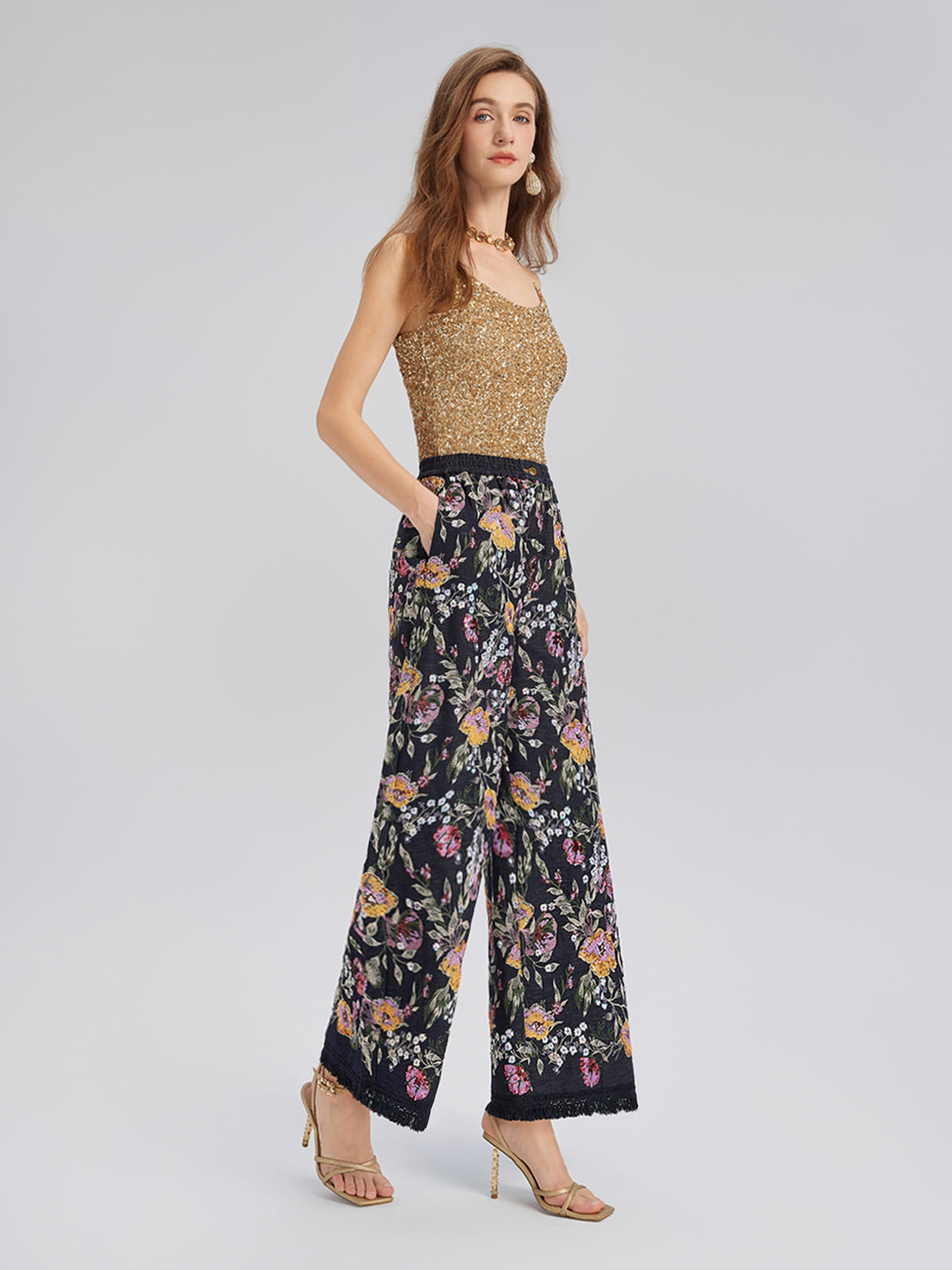 Sequin-Embroidered Denim Raw-Edge Pants