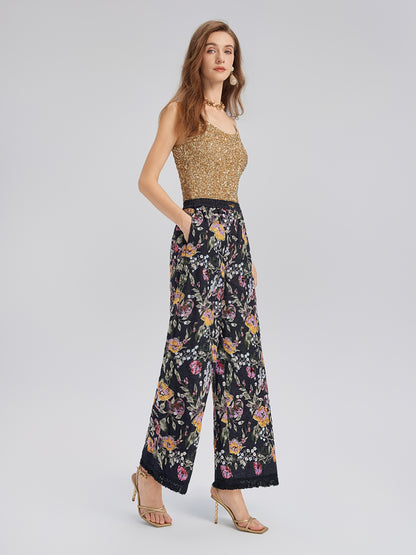 Sequin-Embroidered Denim Raw-Edge Pants