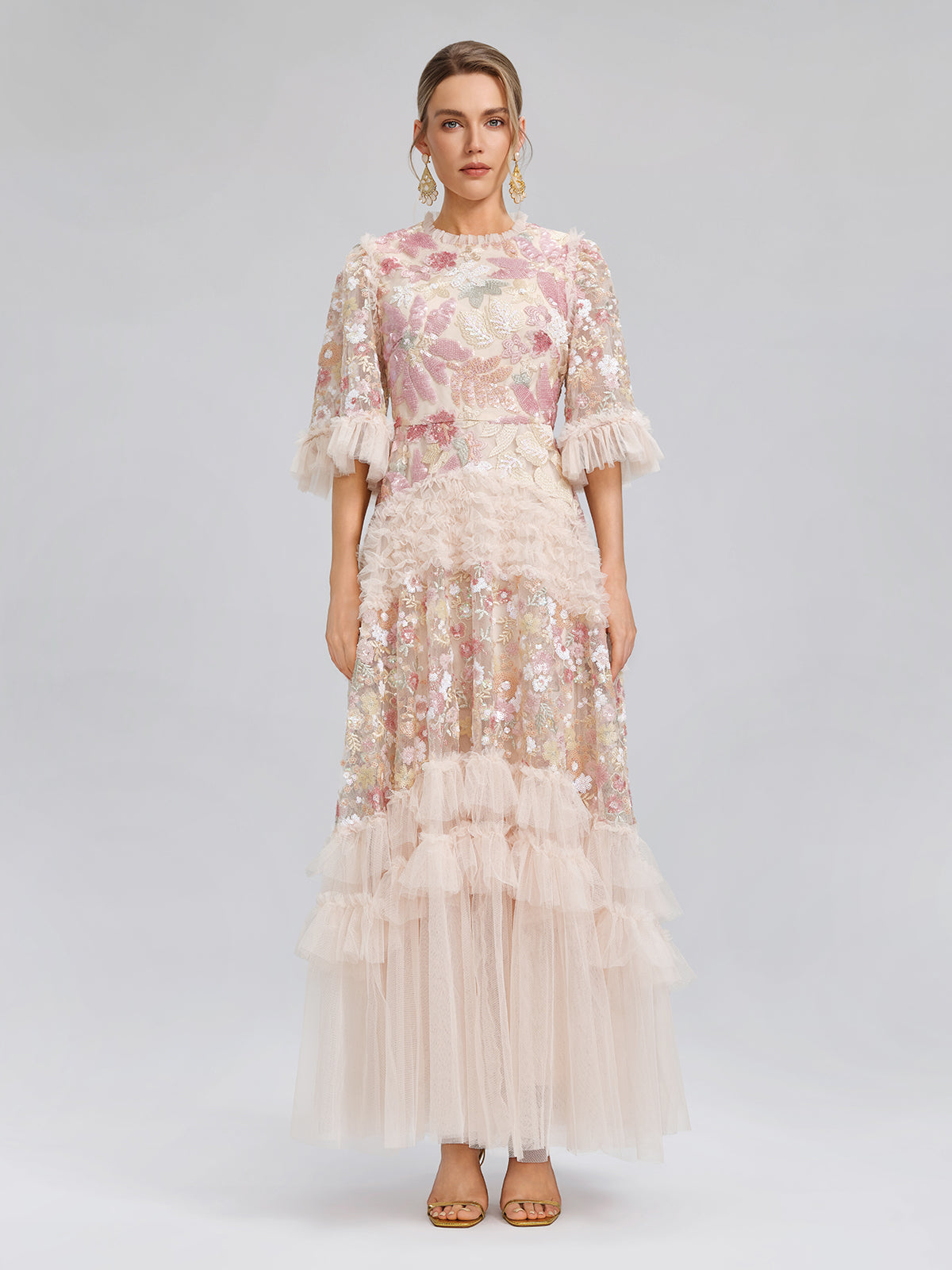 3D Floral Sequin Tulle Ruffle Dress