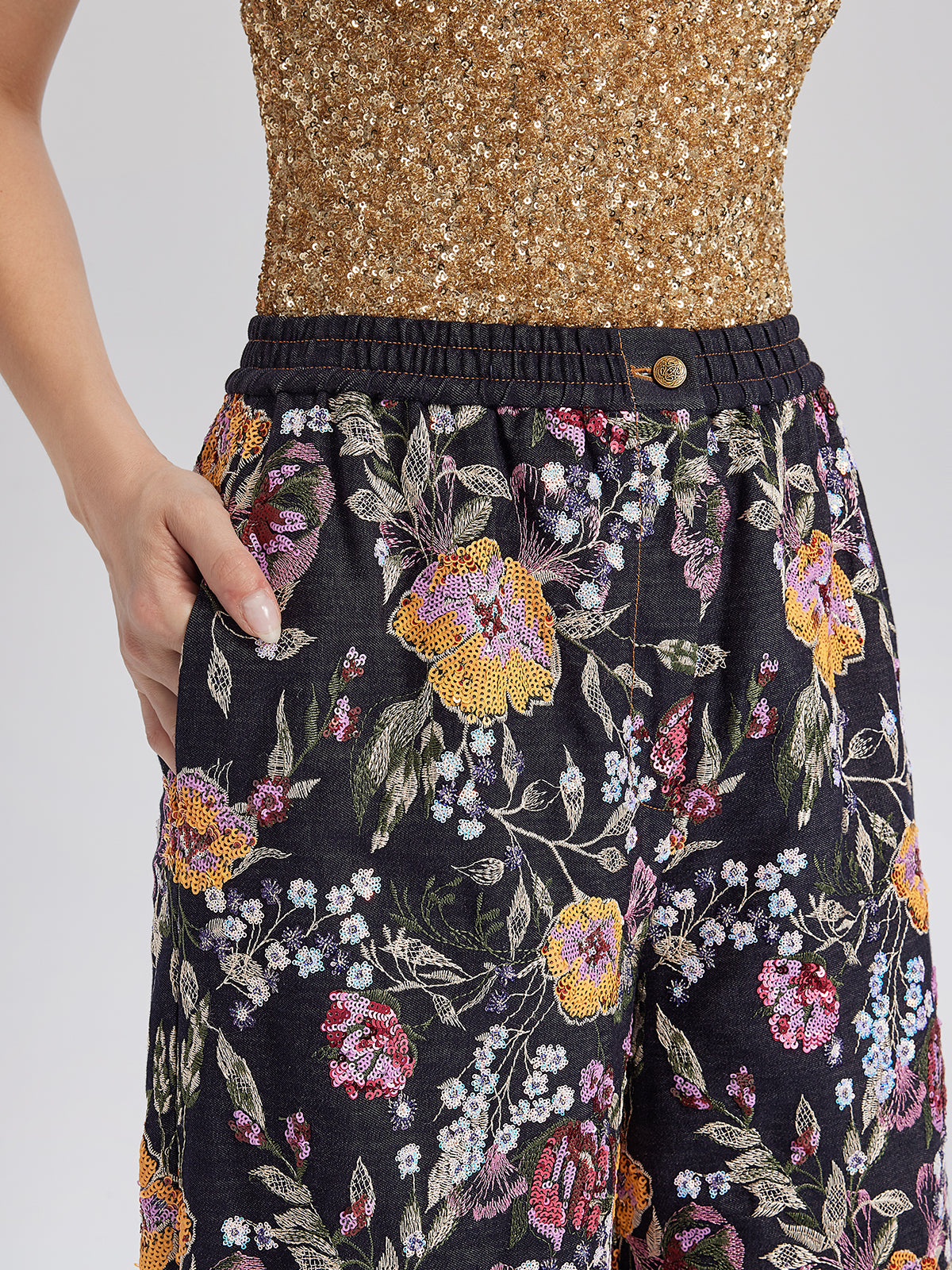 Sequin-Embroidered Denim Raw-Edge Pants