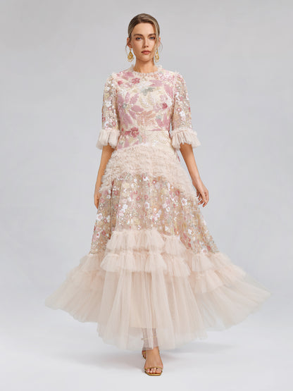 3D Floral Sequin Tulle Ruffle Dress