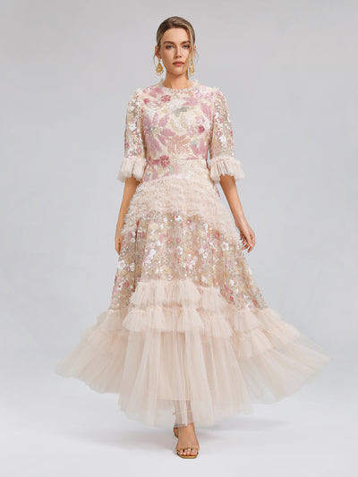 3D Floral Sequin Tulle Ruffle Dress
