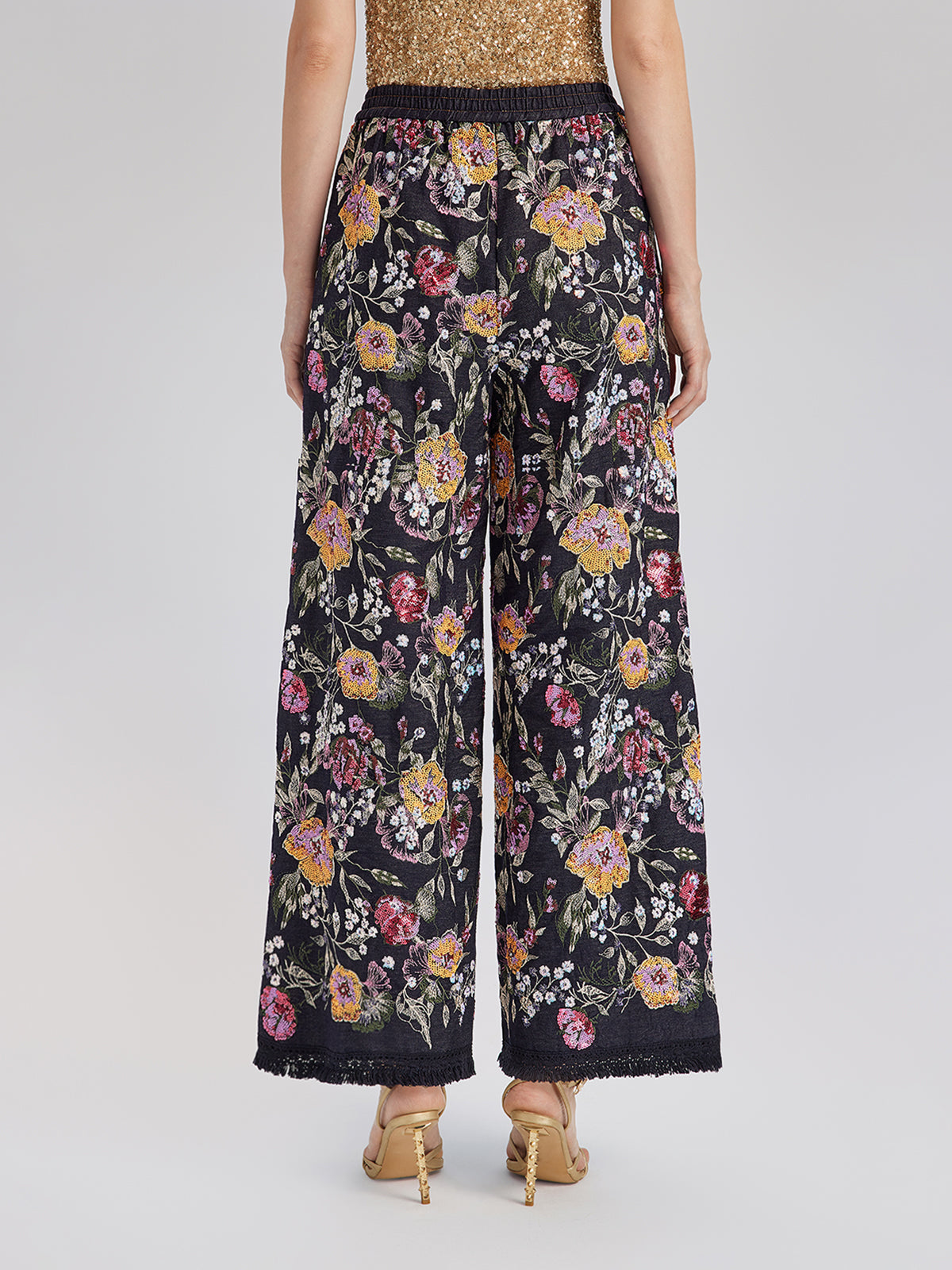 Sequin-Embroidered Denim Raw-Edge Pants