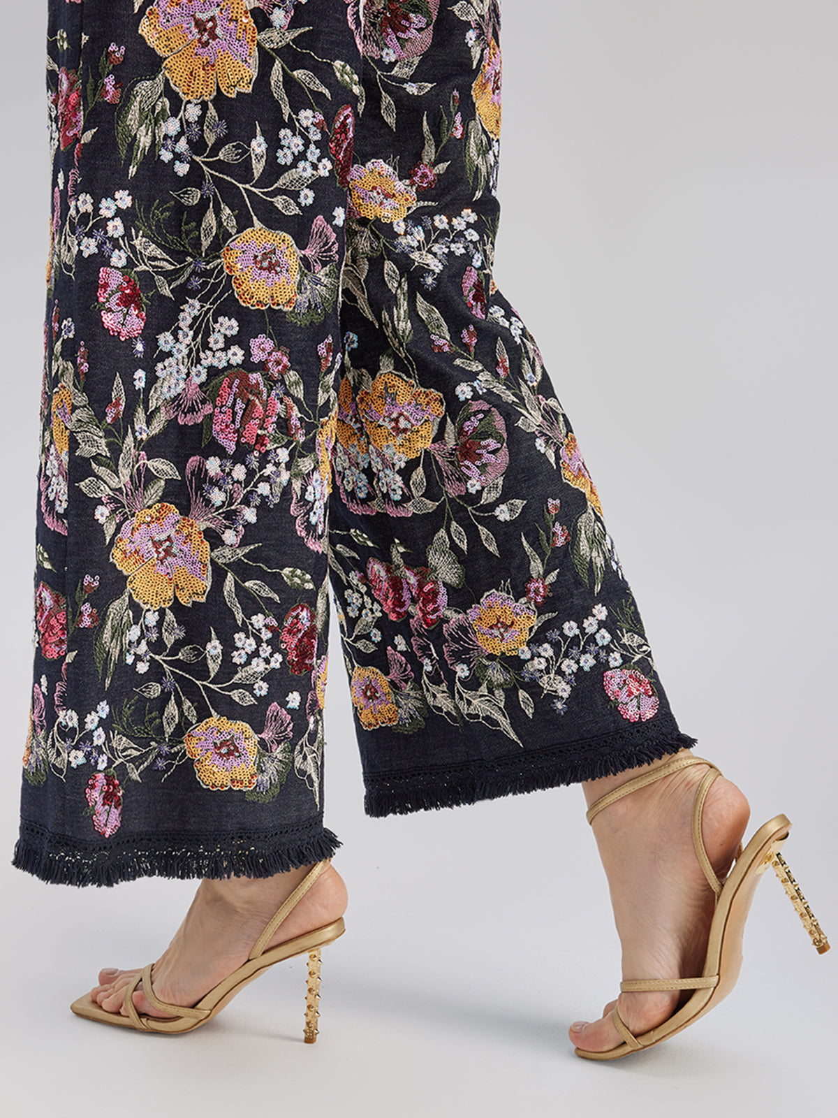 Sequin-Embroidered Denim Raw-Edge Pants