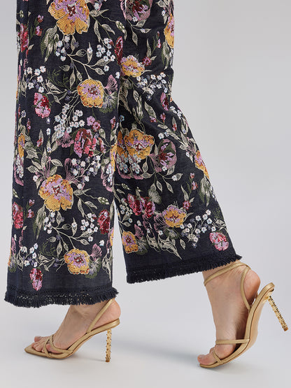 Sequin-Embroidered Denim Raw-Edge Pants