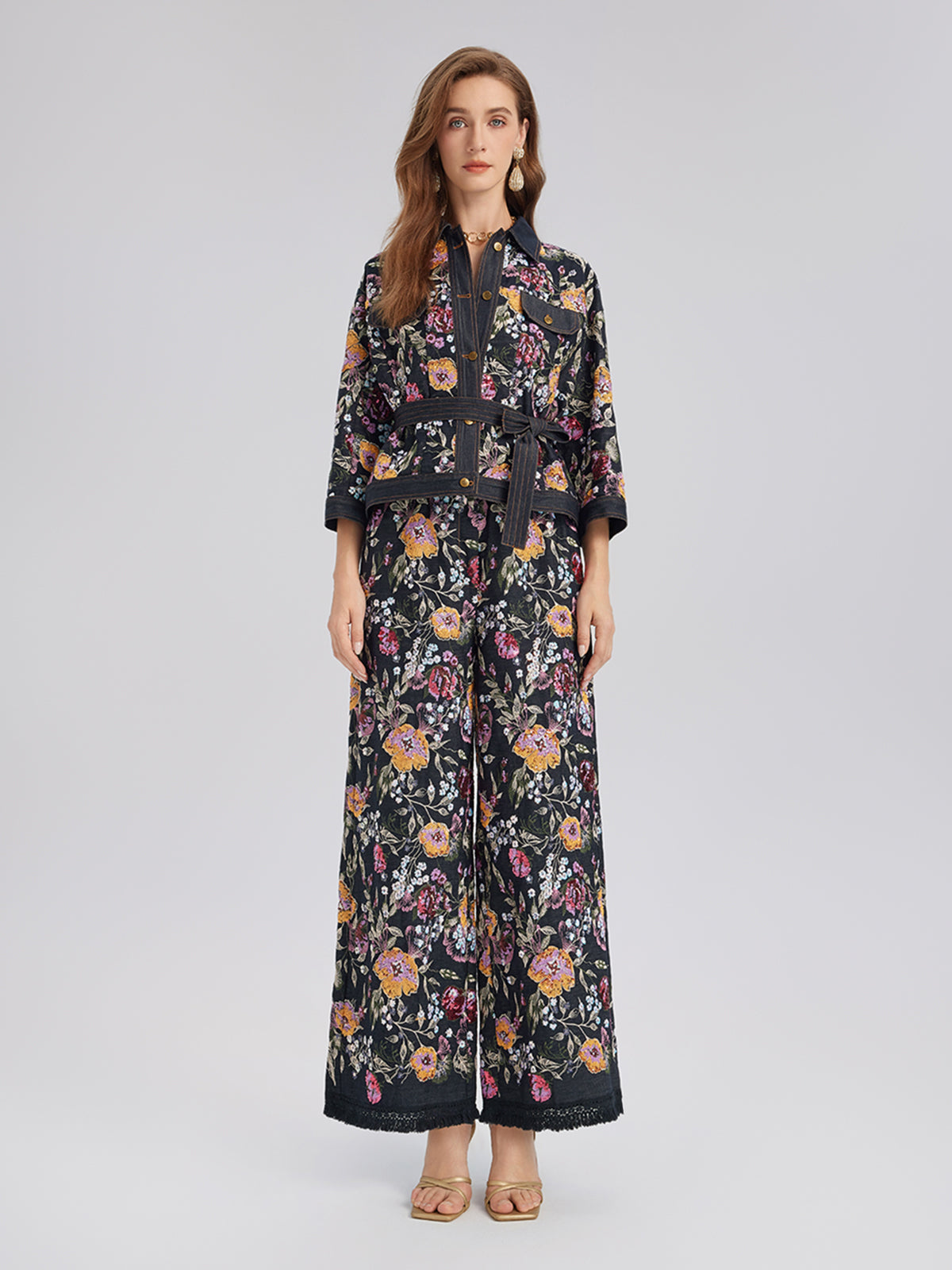 Sequin-Embroidered Denim Raw-Edge Pants