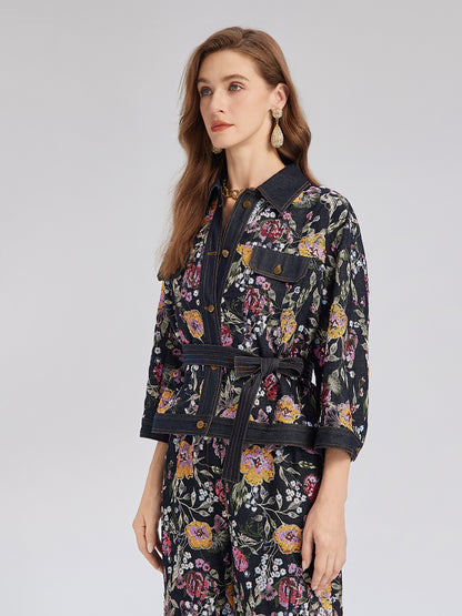 Sequin-Embroidered Floral Denim Jacket