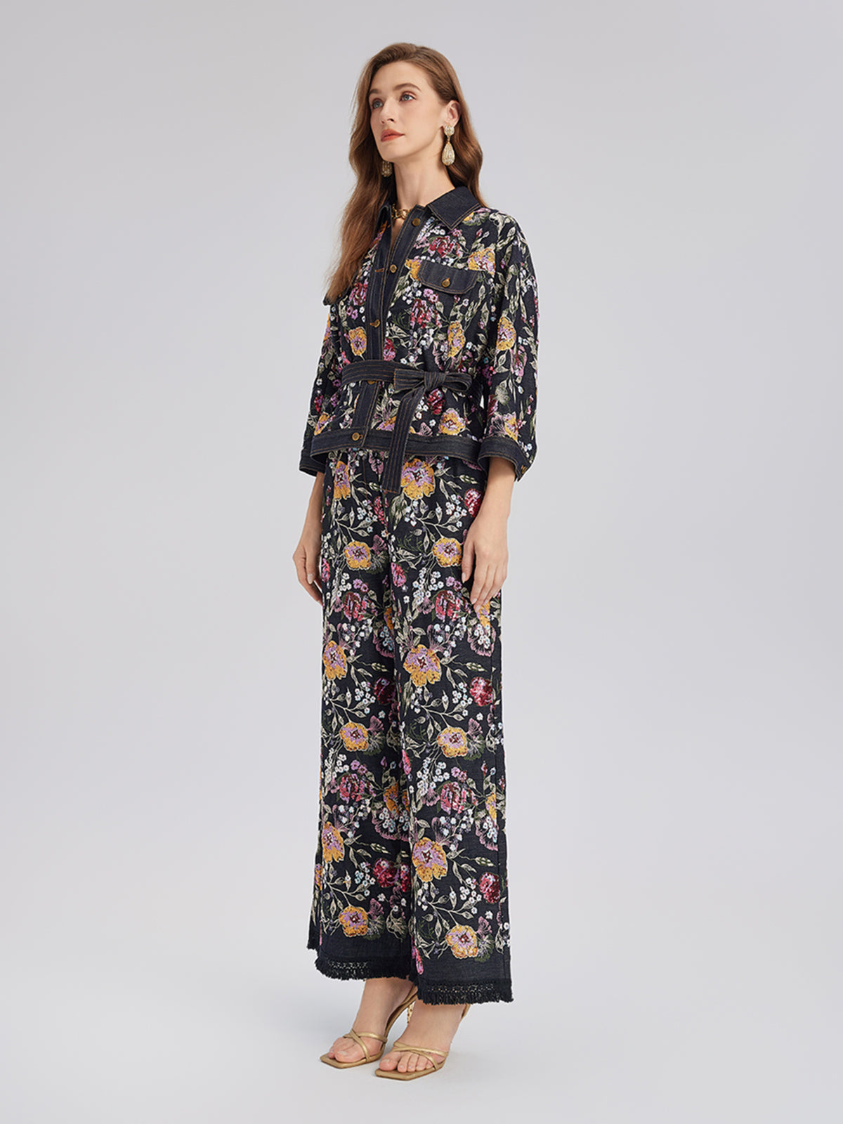 Sequin-Embroidered Denim Raw-Edge Pants