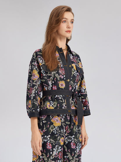 Sequin-Embroidered Floral Denim Jacket