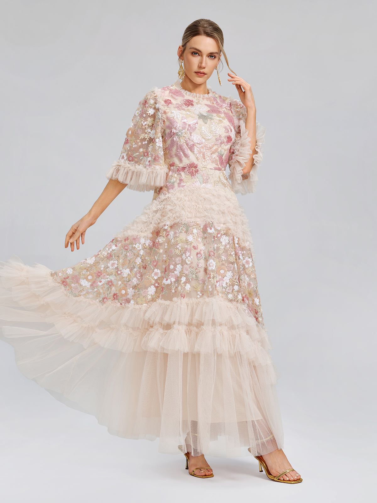 3D Floral Sequin Tulle Ruffle Dress