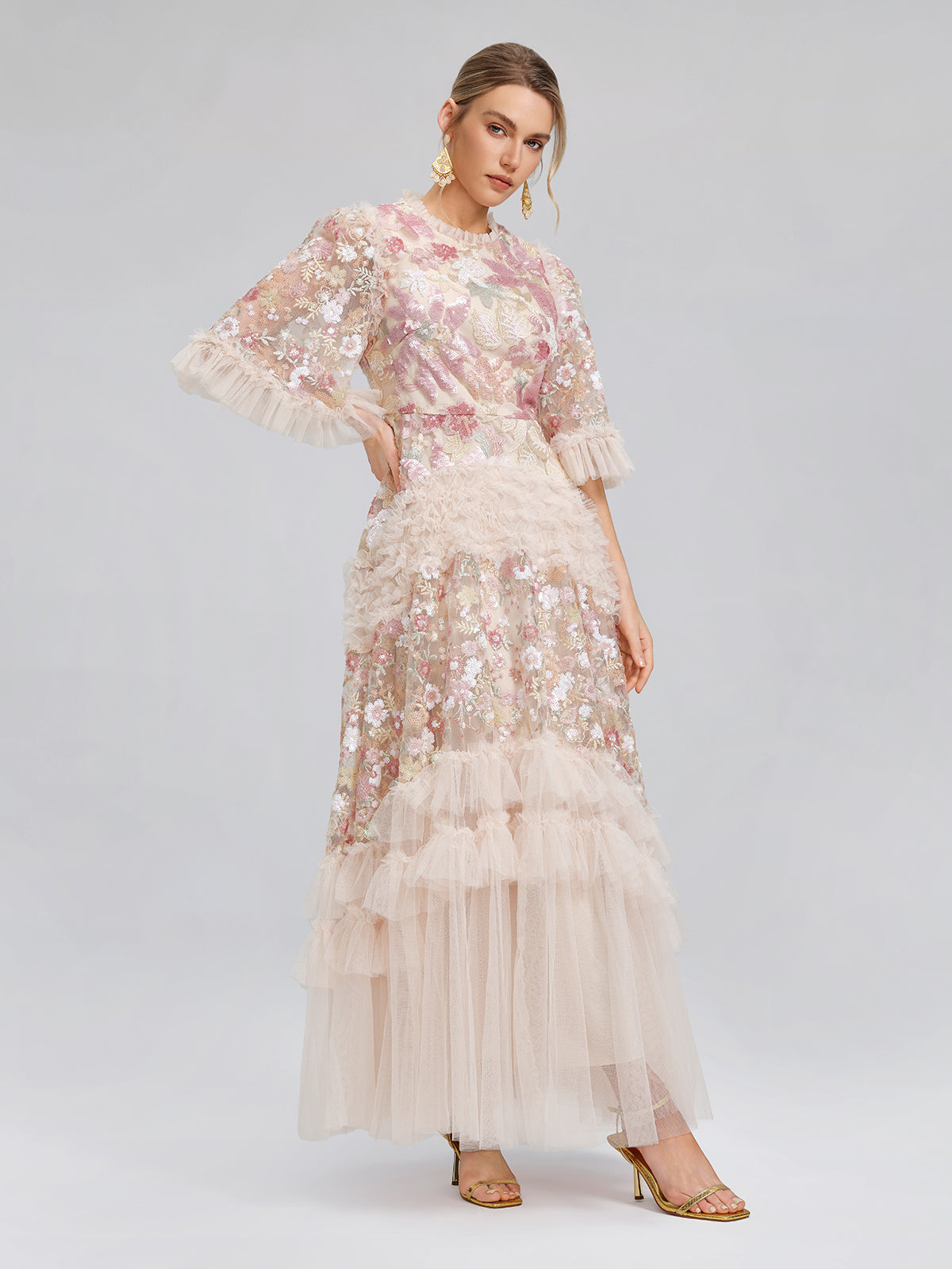 3D Floral Sequin Tulle Ruffle Dress