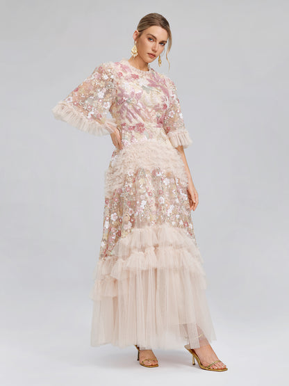 3D Floral Sequin Tulle Ruffle Dress