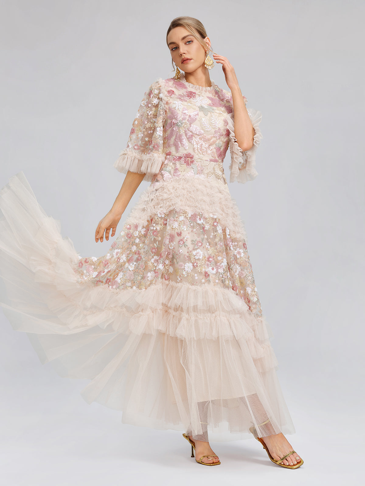 3D Floral Sequin Tulle Ruffle Dress