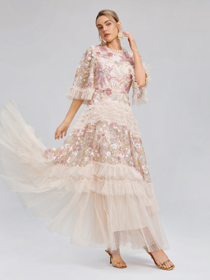 3D Floral Sequin Tulle Ruffle Dress
