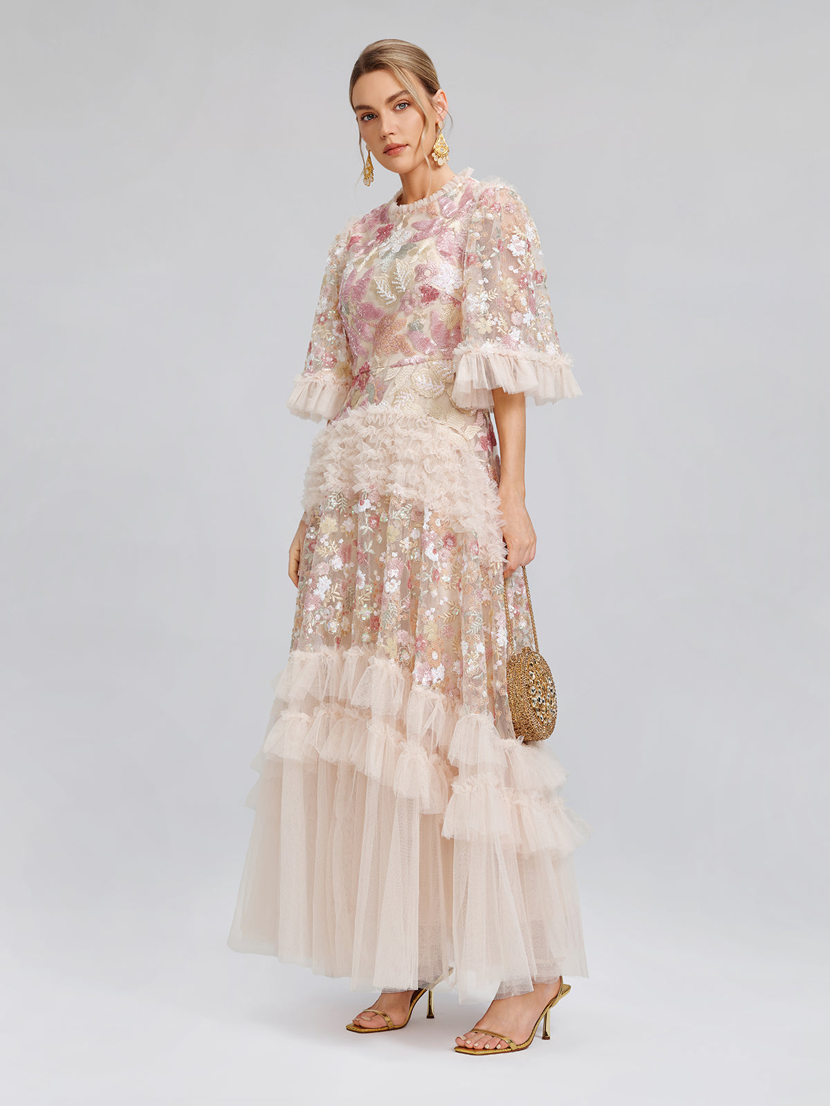 3D Floral Sequin Tulle Ruffle Dress