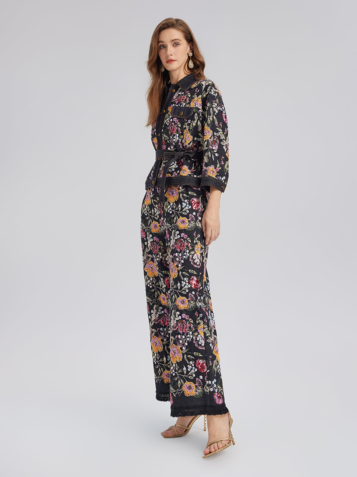 Sequin-Embroidered Denim Raw-Edge Pants