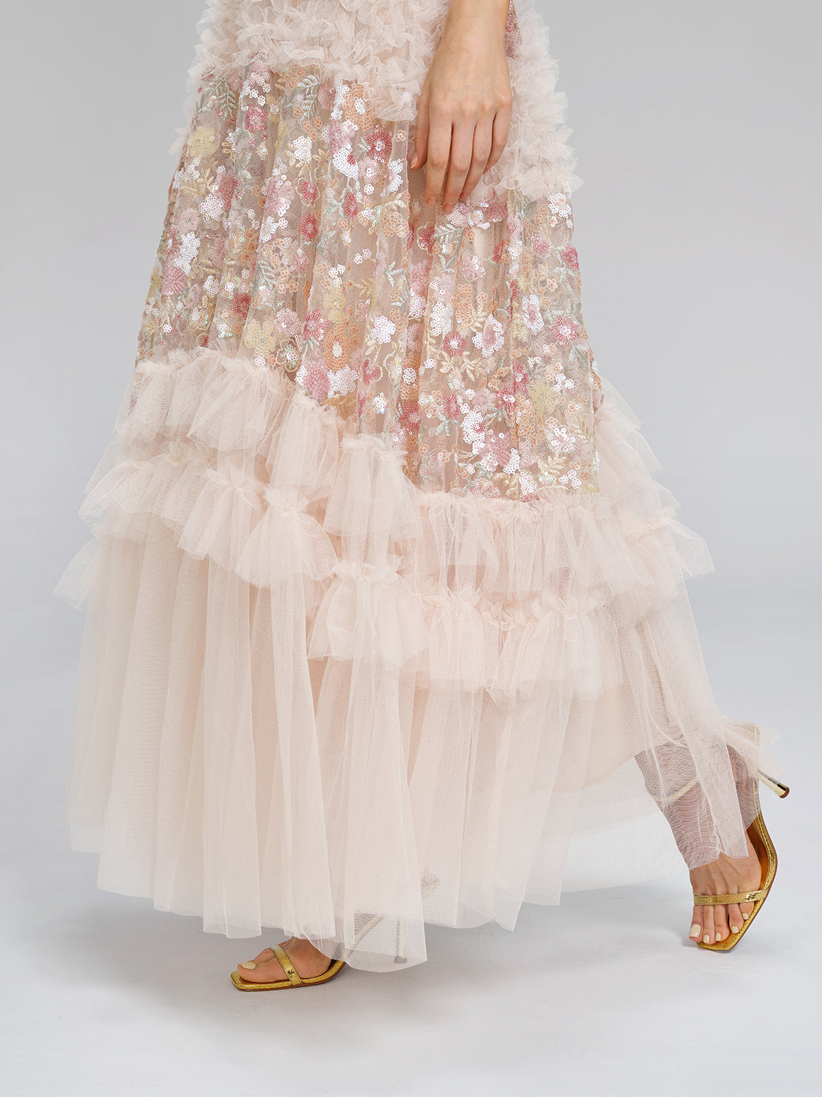 3D Floral Sequin Tulle Ruffle Dress