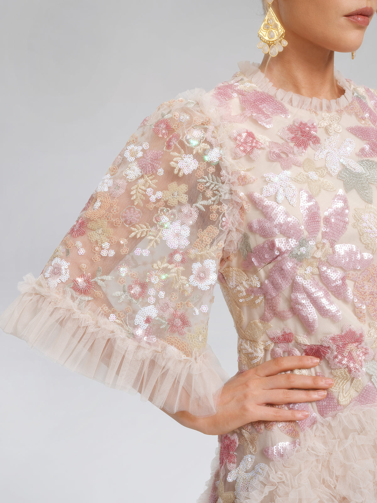 3D Floral Sequin Tulle Ruffle Dress